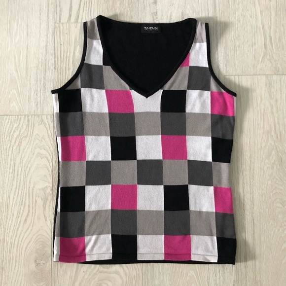 Taifun Collection Sleeveless V-Neck Checkered Knit Sweater Blouse - Picture 11 of 16